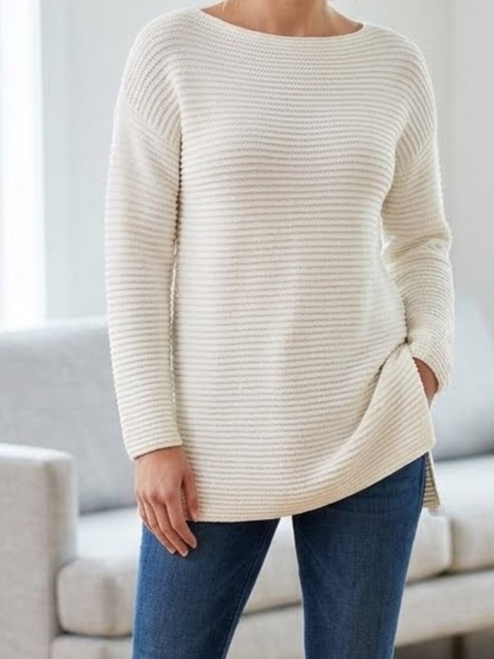 Vince Camuto Women's White Knit Sweater Tunic Boatneck Oversized Size M Long